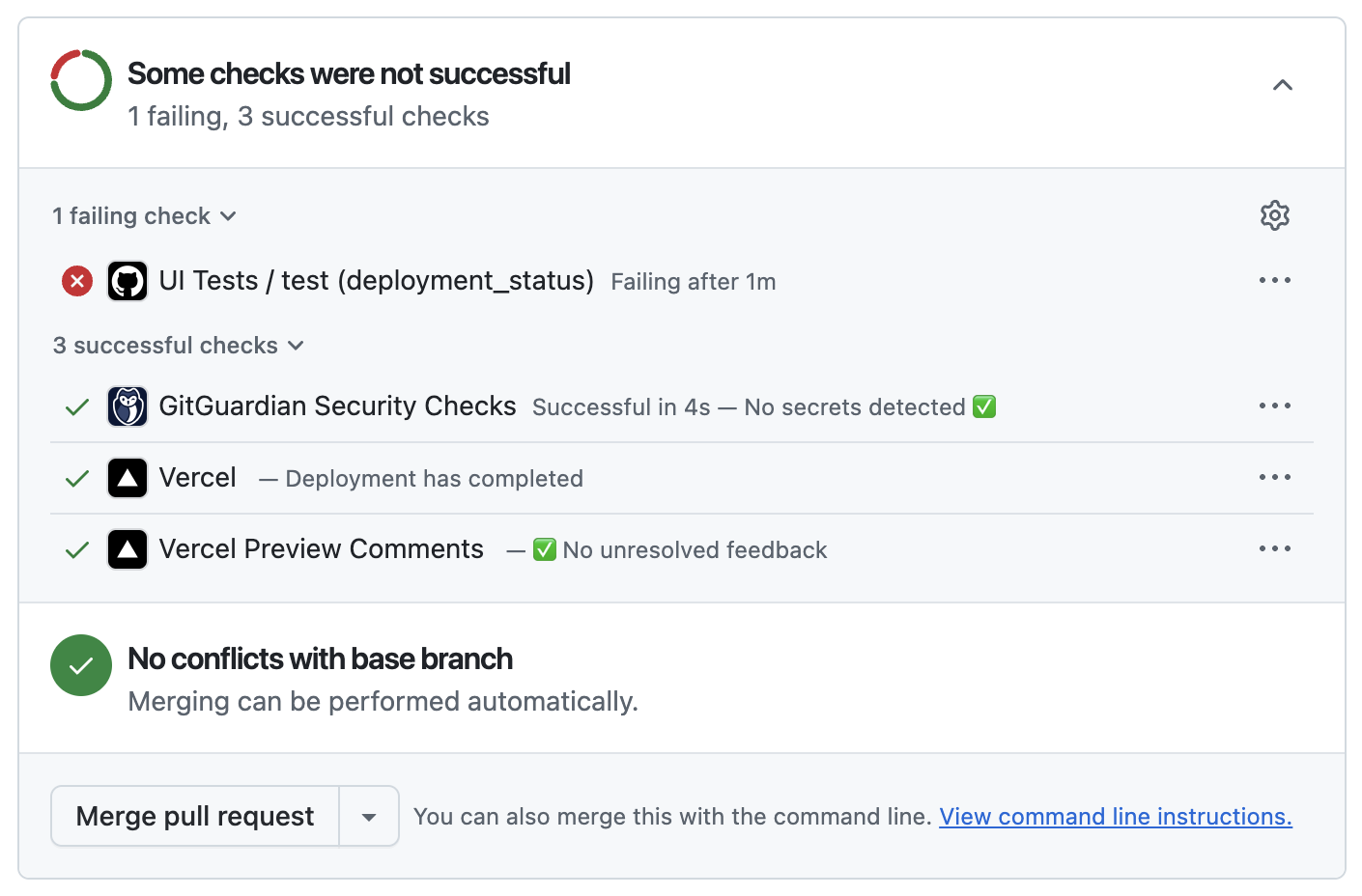 GitHub pull request status checks, with a failing "UI Tests / test" check