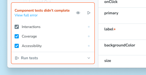 Screenshot of testing widget, expanded, showing Vitest error
