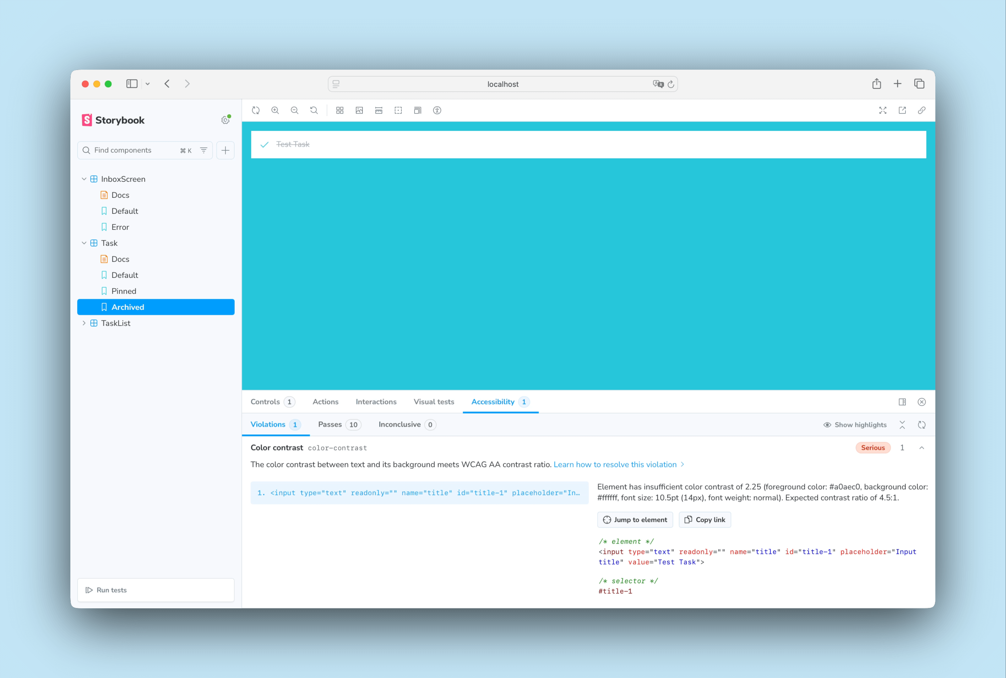 Task accessibility issue in Storybook